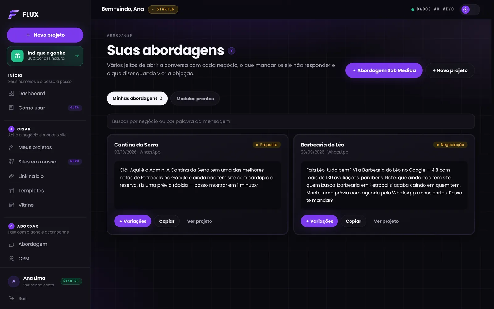 Tela de abordagens com a mensagem pronta para cada negócio e o botão Abrir no WhatsApp