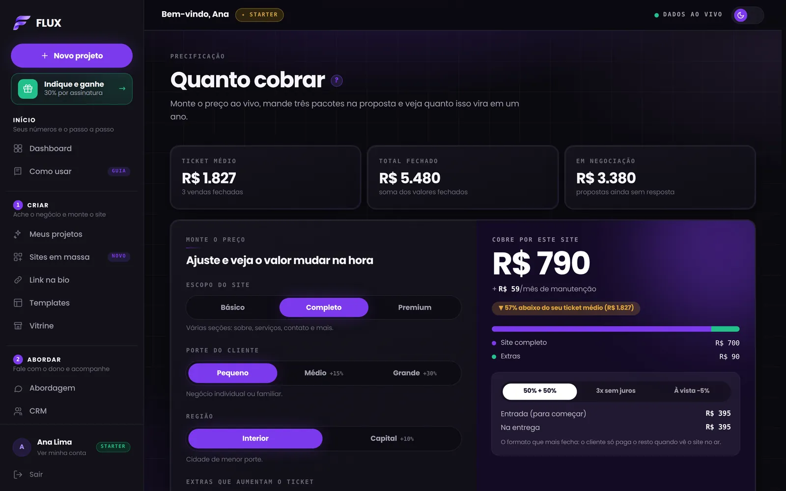 Calculadora de preço com escopo, porte do cliente e valor sugerido